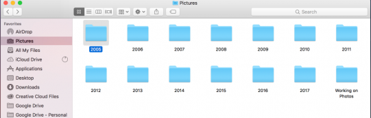 The pictures folder with a separate folder for each year.