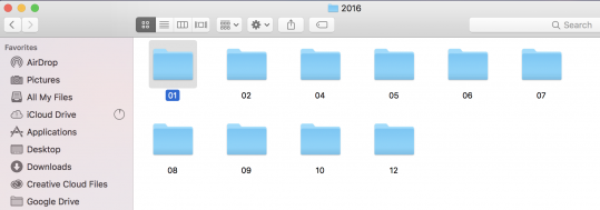 A folder for each month of in the year that has pictures taken and imported into Lightroom
