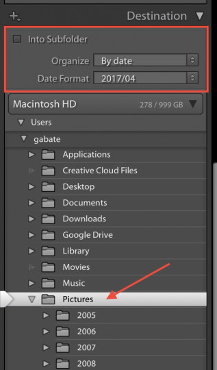 Settings to choose to have Lightroom organize your photos by date