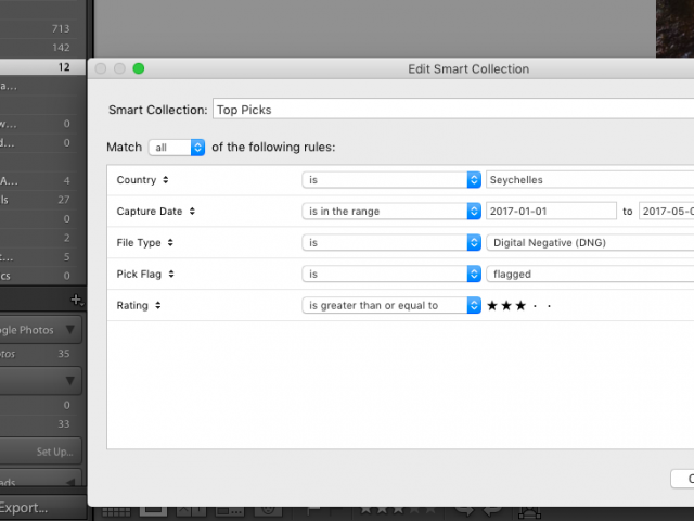 Creating a smart collection in Lightroom for all the top rated images